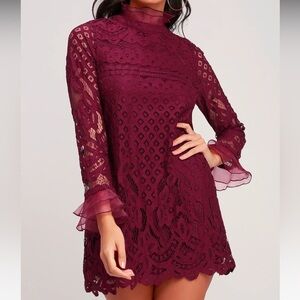 Lulus Love and Joy Burgundy Lace Long Sleeve Shift Dress Size Small